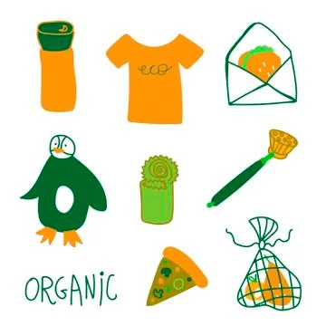 Vector ecological set in green and orange colors.Collection of illustrations Stock Illustration