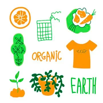 Vector ecological set in green and orange colors.Collection of illustrations Stock Illustration
