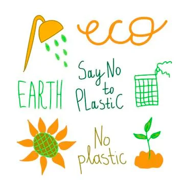 Vector ecological set of illustrations in orange and green color. Stock Illustration