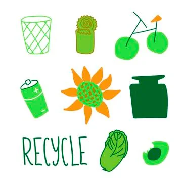 Vector ecological set of illustrations in orange and green color. Stock Illustration