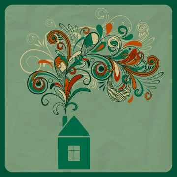 Vector ecology concept with small house and floral smoke Stock Illustration