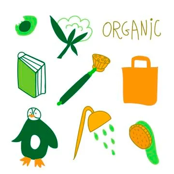 Vector ecology set of illustrations in orange and green.Clip art with cotton Stock Illustration
