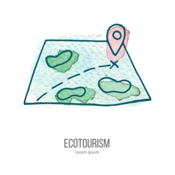 Vector ecotourism doodle on watercolor texture Stock Illustration