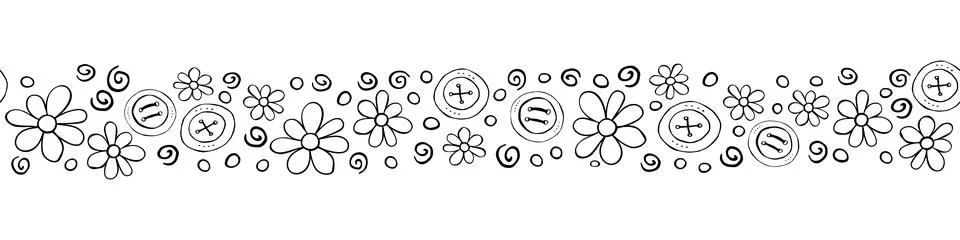 Vector edging, ribbon, border from black outline small flowers and buttons. N Stockillustratie