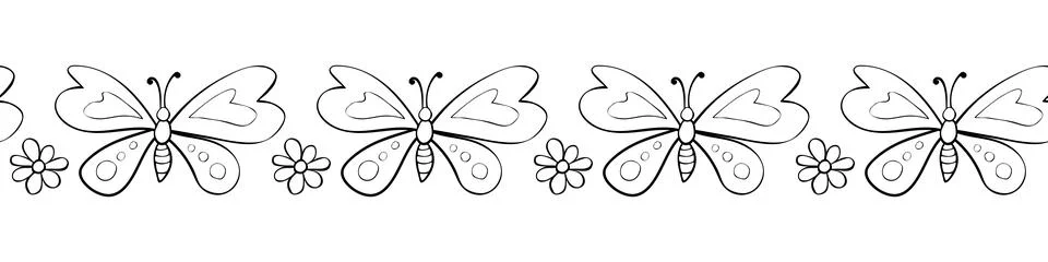 Vector edging, ribbon, border from outline cute butterflies and flowers. Natu Stock Illustration