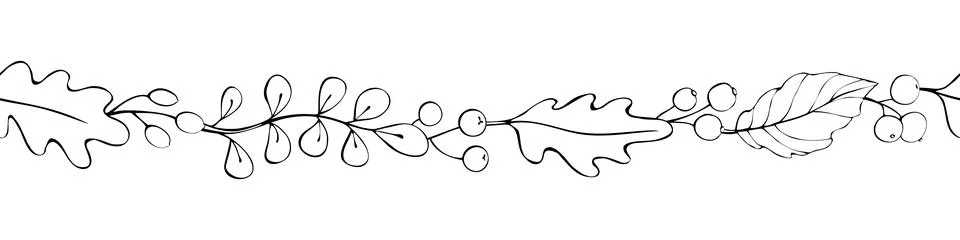 Vector edging, ribbon, border from outline autumn leaves, berries. Nature, au Stock Illustration