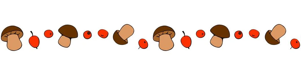 Vector edging, ribbon, border from outline color mushrooms, berries on edges. Stock Illustration