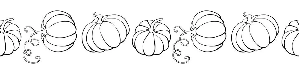Vector edging, ribbon, border from outline pumpkins in doodle style. Autumn s Stock Illustration