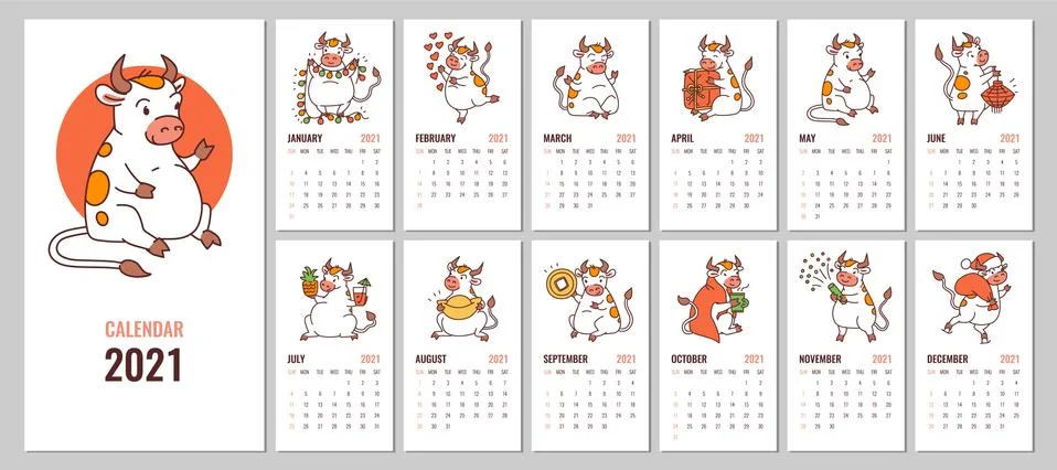 Vector editable design of 2021 calendar with cute white ox, cover, monthly pages Stock Illustration