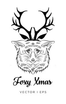 Vector editable isolated fox head decorated with deer horns hat. Hand drawn s Illustrazione stock