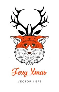 Vector editable isolated fox head decorated with deer horns hat. Hand drawn s Illustrazione stock
