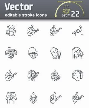Vector editable stroke line icon set of musicians playing variable musical in Stock Illustration