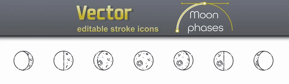 Vector editable stroke set of moon phases line icons Stock Illustration