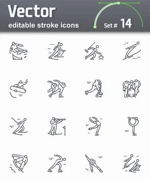 Vector editable stroke winter sports line icon set. Snowboard, skiing, figure Stock Illustration