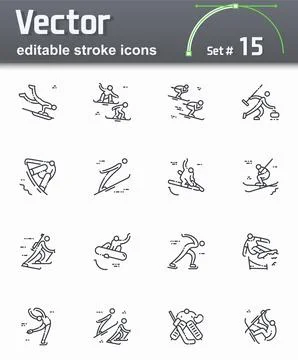 Vector editable stroke winter sports line icon set. Snowboard, skiing, figure Stock Illustration