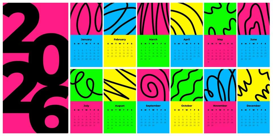 Vector editable template for classic monthly calendar. New Year 2026 Ilustración de archivo