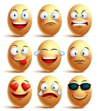 Vector egg face set of emoticons with emotions and facial expressions Stock Illustration