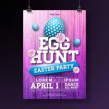 Vector Egg Hunt Easter Party Flyer Illustration with painted eggs, flowers and Stock Illustration