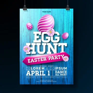 Vector Egg Hunt Easter Party Flyer Illustration with painted eggs, flowers and Stock Illustration