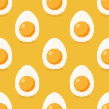 Vector Eggs Seamless Pattern. Flat Cartoon Halved Hard boiled Egg on Yellow Stock Illustration