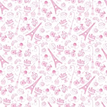 Vector Eifel Tower Paris Love Pink Purple Drawing Seamless Pattern with roman Stock Illustration