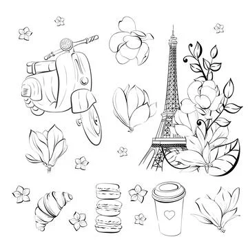 Vector Eiffel tower and scooter illustration. Vintage motorbike in romantic Stock Illustration