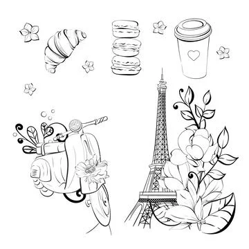 Vector Eiffel tower and scooter illustration. Vintage motorbike in romantic Illustrazione stock