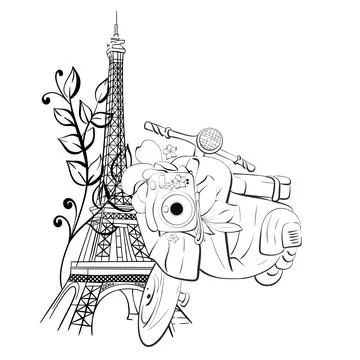 Vector Eiffel tower and scooter illustration. Vintage motorbike in romantic Stock Illustration