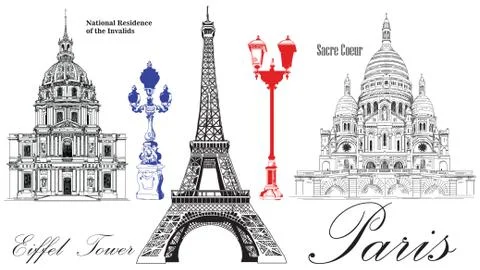 Vector Eiffel Tower, National Residence of the Invalids and Sacre Coeur Illustrazione stock