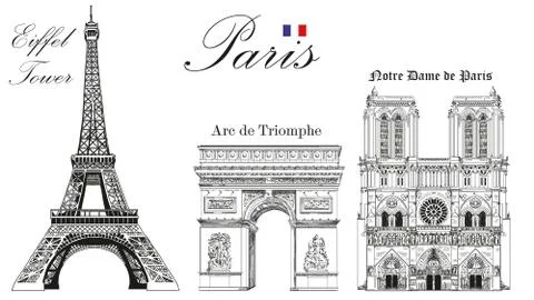 Vector Eiffel Tower, Triumphal Arch and Notre Dame Cathedral Illustrazione stock