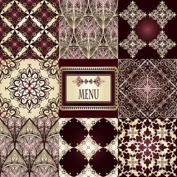 Vector eight seamless patterns and frame for your text Stock Illustration