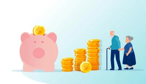 Vector of an elderly couple standing next to a stacked with dollar coins pigg Stock Illustration