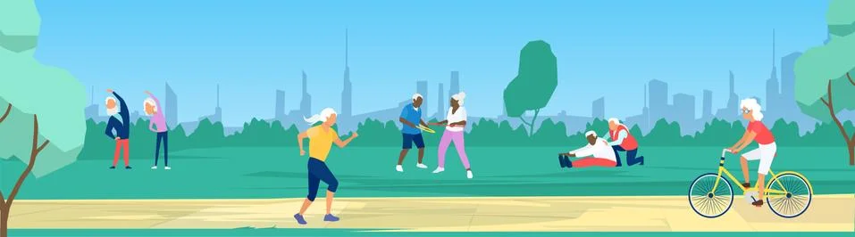 Vector of elderly people exercising, running, cycling in the park Illustrazione stock