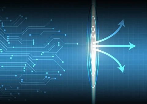 Vector : Electronic circuit and arrows on blue grid Stock Illustration