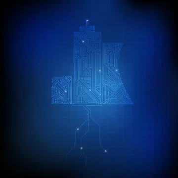 Vector : Electronic circuit in buildings and ground on blue technology back.. Stock Illustration