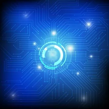 Vector : Electronic circuit inside bitcoin symbol on blue background Stock Illustration