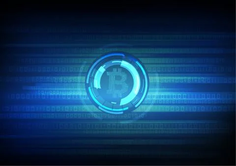Vector : Electronic circuit inside bitcoin symbol with binary code on blue ba Stock Illustration