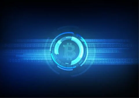 Vector : Electronic circuit inside bitcoin symbol with binary code on blue ba Stock Illustration