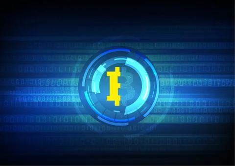 Vector : Electronic circuit inside bitcoin symbol with binary symbol on blue  Stock Illustration