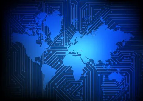Vector : Electronic circuit on world map on blue background Stock Illustration