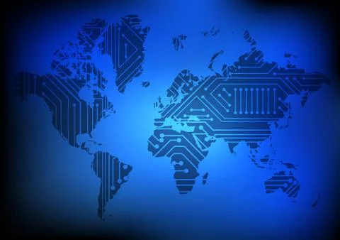 Vector : Electronic circuit on world map on blue background Stock Illustration