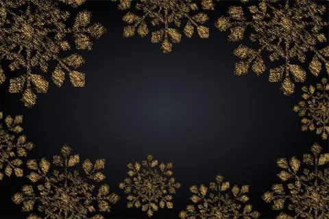 Vector. Elegant black Christmas background with shiny golden snowflakes. Stock Illustration
