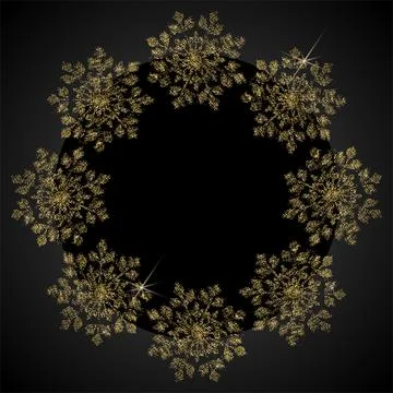Vector. Elegant black Christmas background with shiny golden snowflakes. Stock Illustration