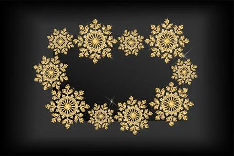 Vector. Elegant black Christmas background with shiny golden snowflakes. Stock Illustration