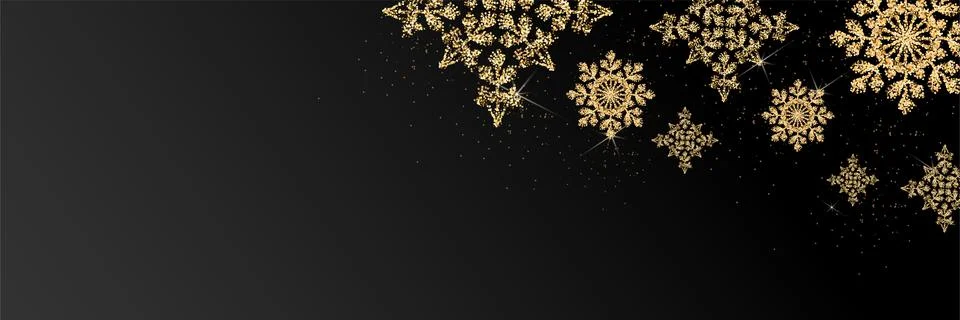 Vector. Elegant black Christmas background with shiny golden snowflakes. Stock Illustration