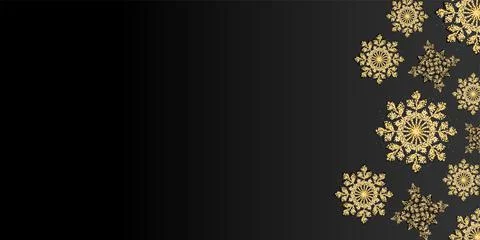 Vector. Elegant black Christmas background with shiny golden snowflakes. Stock Illustration
