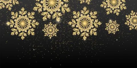 Vector. Elegant black Christmas background with shiny golden snowflakes. Stock Illustration