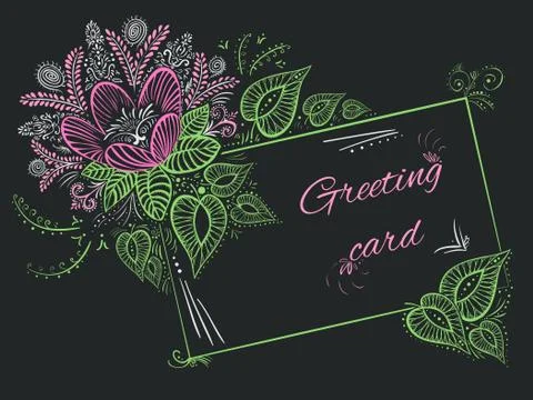 Vector elegant greeting card  decor  pink flower and green leaves Stock Illustration