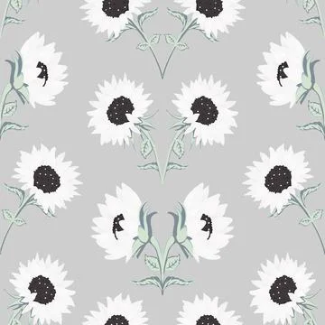 Vector Elegant Symmetrical Sunflower Composition on Gray seamless pattern bac Stock Illustration
