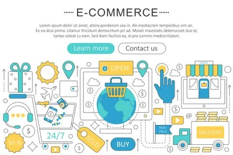 Vector elegant thin flat line E-commerce concept. Website header banner elements Stock Illustration